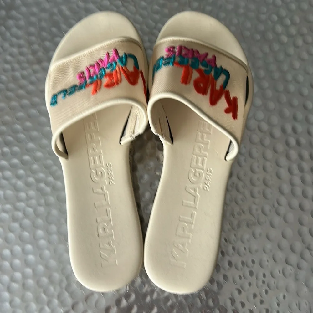 Karl Lagerfeld Cream Slides with Colorful Embroidery - Picture 3 of 6